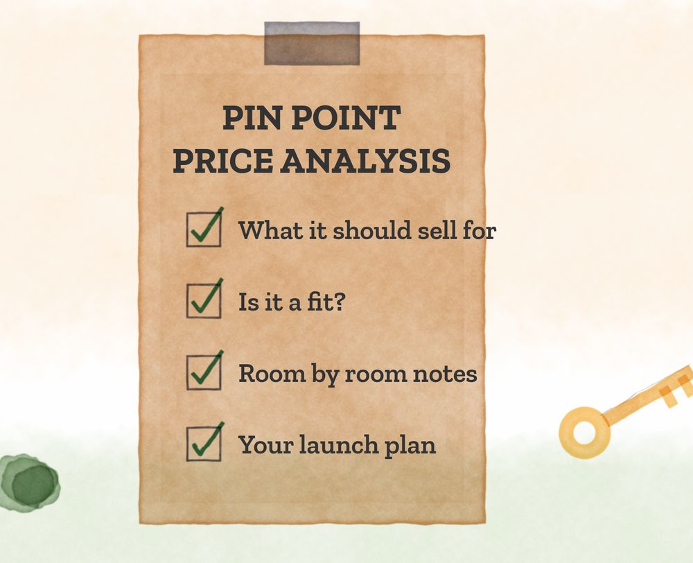 Watercolor clipboard titled Pin Point Price Analysis with a checklist and a house key